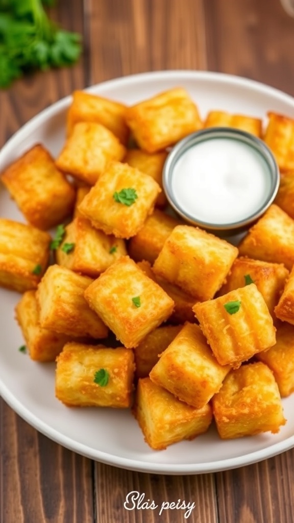 Crispy broccoli cheddar tots served with ranch dressing on a rustic wooden table.